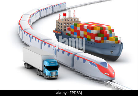 Güterverkehr per LKW, Bahn und Schiff isoliert auf weiss Stockfoto