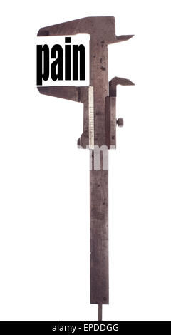 Farbe der horizontalen Schuss von einem Bremssattel und messen das Wort "Schmerz". Stockfoto