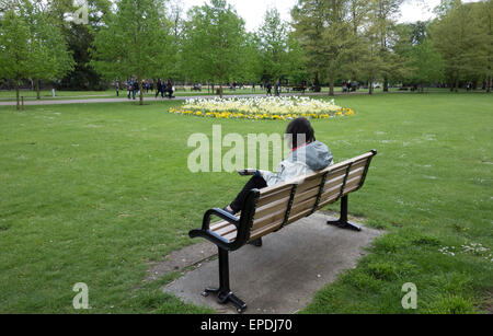 Frau saß auf der Parkbank Cambridge City Cambridgeshire England lesen Stockfoto