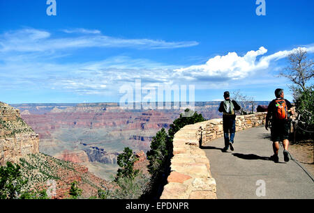 Tourfsts Wandern am Südrand des Grand Canyon Sie auf schönen bewölkten Tag in frühen sprink Stockfoto