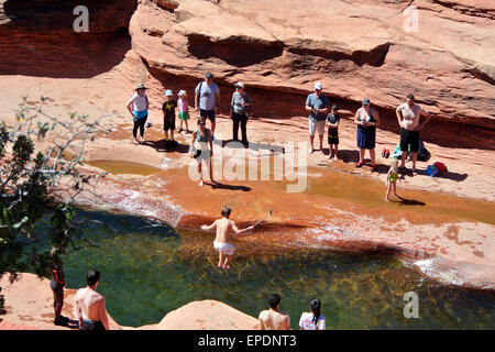 Touristen sehen junge in Oak Creek am Slide Rock Canyon nördlich von Sedona Arizona springen Stockfoto