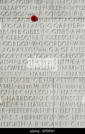 Die Somme Schlachtfeld. Vimy Ridge Canadian National Memorial Name Panel von Soldaten, die fehlenden bleiben Stockfoto