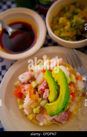 Ceviche, Pichis Meeresfrüchte Reastaurant, Vallarta Food Tours, El Pitillal, Puerto Vallarta, Jalisco, Mexiko Stockfoto