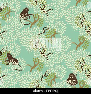 Nahtlose abstrakte Blumenmuster. Bäume und Affen. Exotische Wald Motiv Hintergrund Stock Vektor