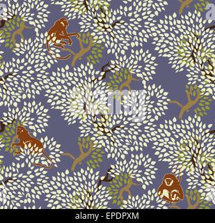 Nahtlose abstrakte Blumenmuster. Bäume und Affen. Exotische Wald Motiv Hintergrund Stock Vektor