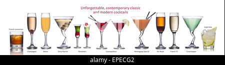 Sammlung der beliebtesten klassischen alkoholischen Cocktails isoliert auf weiss Stockfoto