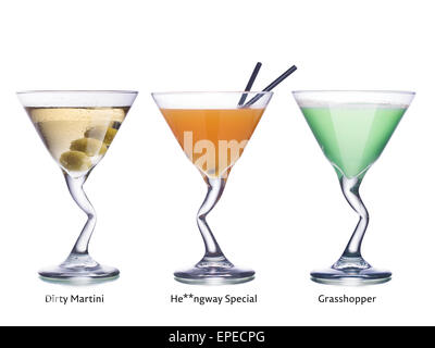 Auflistung der beliebtesten klassischen alkoholischen Cocktails in Martini-Gläser. Stockfoto