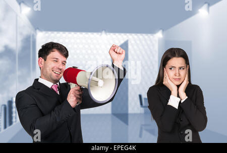 Sprechenden Chef mit megaphon Stockfoto