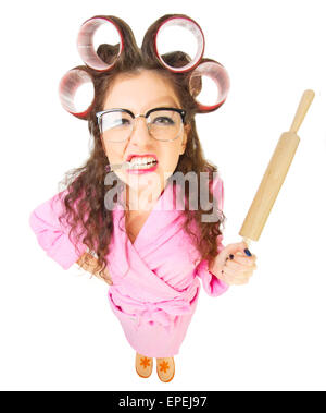 Lustige Hausfrau in Nerd Brille isoliert Stockfoto