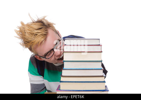 Lustige Studenten mit Stapel Bücher Stockfoto