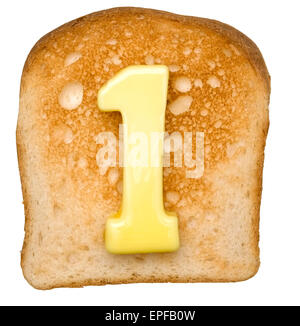 Isolierte Toast mit Butter Nummer 1 Stockfoto