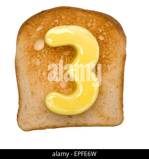 Isolierte Toast mit Butter Nummer 3 Stockfoto