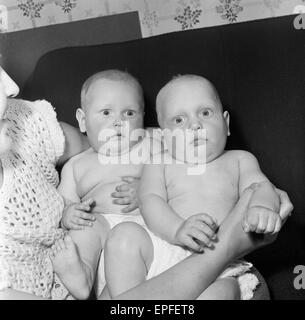 Zwillinge, Ian und Robert Kearns, die acht Pfund zwei Unzen wog, als sie geboren wurden.  Spielen Sie zu Hause zusammen. Geboren 22. April 1962 Stockfoto