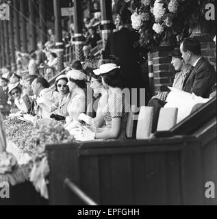 Königin Elizabeth II zu sehen hier im Chat mit Prinzessin Margaret in die Fürstenloge im Olympiastadion in Stockholm am Eröffnungstag der Olympischen Reiterspiele. Zum ersten Mal fand die Wettkämpfe in beiden Ländern. Als die Pferde quaranti Stockfoto