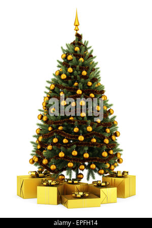 geschmückter Weihnachtsbaum mit Geschenk-Boxen, isoliert Stockfoto