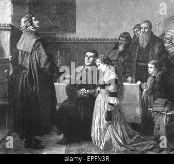 Martin Luther heiratet Katharina von Bora, Pfarrer Bugenhagen, Zeuge Dr. Jonas, Abel und der Maler Lucas Cranach Stockfoto