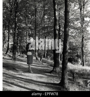 1950er-Jahren, historische, steht gut gekleidete Dame mit Handtäschchen auf einem Pfad in einem Wald. Stockfoto