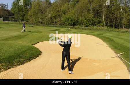 Männlichen Golfer spielen von einem Bunker auf dem Übungsgelände an der Sundridge Park Golf Club Bromley in Kent England Stockfoto