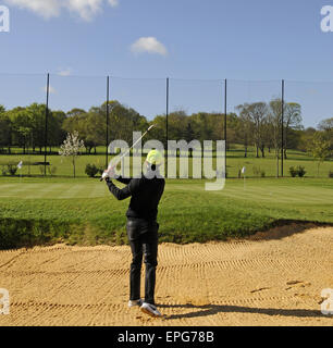 Männlichen Golfer spielen von einem Bunker auf dem Übungsgelände an der Sundridge Park Golf Club Bromley in Kent England Stockfoto