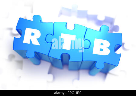 RTB - Real-Time Bidding - weißer Text auf blauem Rätsel und selektiven Fokus. 3D Render. Stockfoto