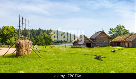 Russische ländlichen Landschaft mit alten Holzhäusern und Scheunen auf der grünen Wiese Stockfoto