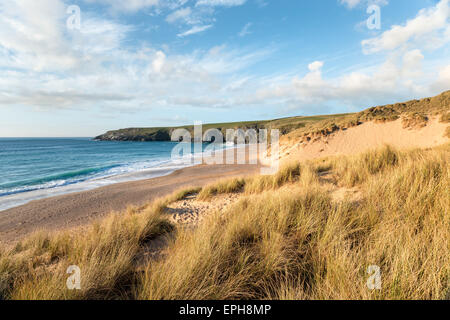 Holywell Bay, ein großer Sandstrand, unterstützt durch Sanddünen an der Nordküste von Cornwall in der Nähe von Newquay Stockfoto