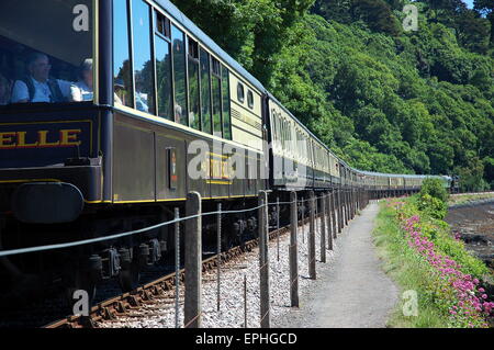 Passagiere in der Beobachtung Kutsche genießen Sie den Blick, wie ein Zug Kingswear Bahnhof an der Bahnstrecke Dart Valley nähert. Stockfoto