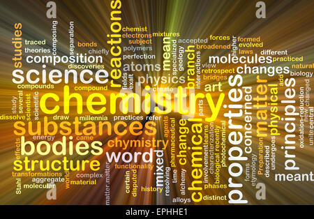 Hintergrund-Konzept Wordcloud Illustration der Chemie gleißenden Licht Stockfoto