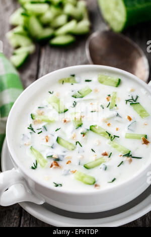 Kalte Suppe mit Gurken, Joghurt und frischen Kräutern Stockfoto