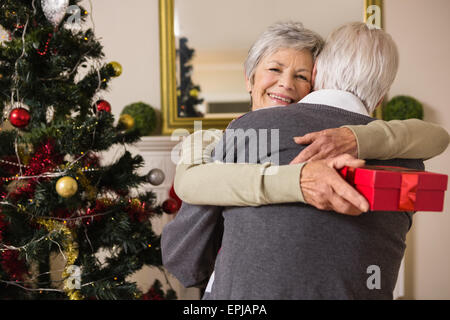 Älteres paar umarmt neben ihren Weihnachtsbaum Stockfoto