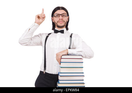 Lustige Studenten mit Büchern isoliert auf weiss Stockfoto