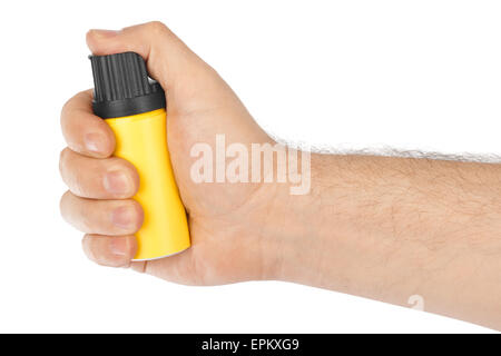 Hand mit Flasche Pfefferspray Stockfoto