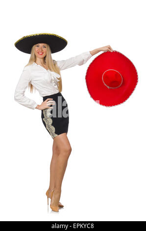 Frau trägt Sombrero isoliert auf weiss Stockfoto