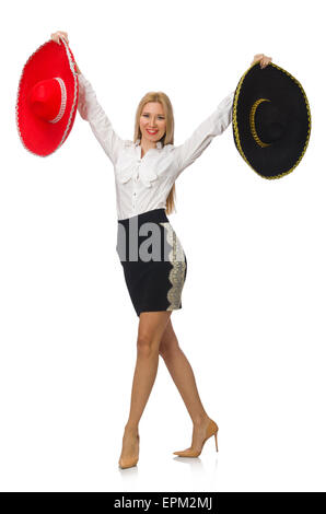 Frau trägt Sombrero isoliert auf weiss Stockfoto