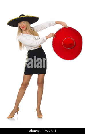 Frau trägt Sombrero isoliert auf weiss Stockfoto