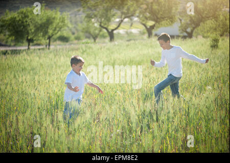 Zwei Brüder spielen auf einer Wiese im Sommer Stockfoto