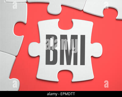 BMI - Body-Mass-Index - Text auf Rätsel an der Stelle der fehlenden Teile. Scarlett-Background. Close-up. 3D Illustration. Stockfoto