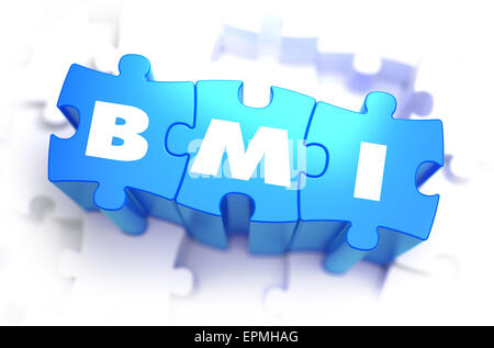 BMI - Body-Mass-Index - weiße Wort auf blauen Rätsel auf weißem Hintergrund. 3D Illustration. Stockfoto