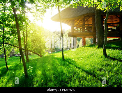 Pavillon zwischen den grünen Bäumen im sonnigen Tag Stockfoto