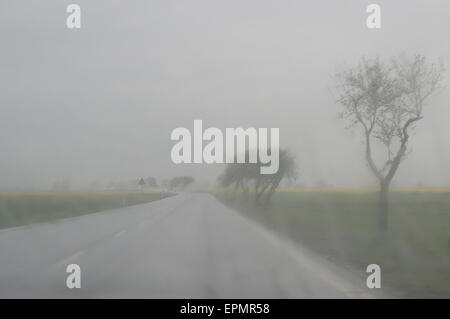 Regen und Nebel auf der Straße außerhalb der Stadt schaffen schlechten Sicht für den Antrieb. Stockfoto