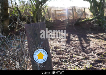 Zweisprachigen öffentlichen Fußweg Schild an Post, Publc Wanderweg im Feld in der Nähe von Pentyrch, Cardiff North, South Glamorgan, Wales, UK Stockfoto