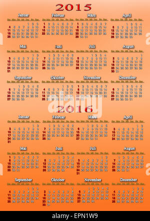 Bürokalender für 2015 / 2016 in deutscher Sprache auf orangem Hintergrund Stockfoto