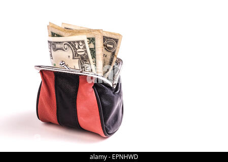 Geldbörse mit Dollarnoten, einen Notgroschen und Geld für die Zahlung Stockfoto