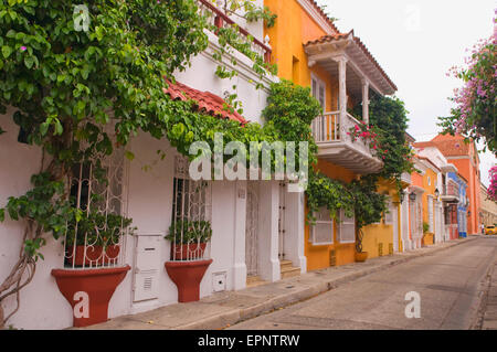 Typisch bunte (bunte), Blume bedeckt Häuser in Cartagena, Kolumbien, Südamerika Stockfoto