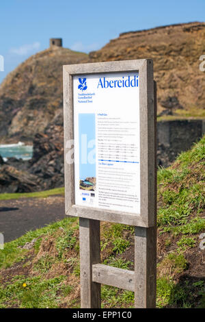 National Trust Schild in Abereiddy mit Informationen über die Blue Lagoon, Pembrokeshire Coast National Park, Wales UK im Mai - Abereiddi Stockfoto