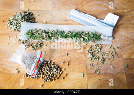 Humoristische Darstellung eines Hanfs inspiriert Mahlzeit mit Hanfsamen, Oregano, Dill, Rizlas. Stockfoto