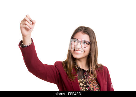 Junge Geschäftsfrau Zeichnung Diagramm / chart auf weißem Hintergrund. Stockfoto