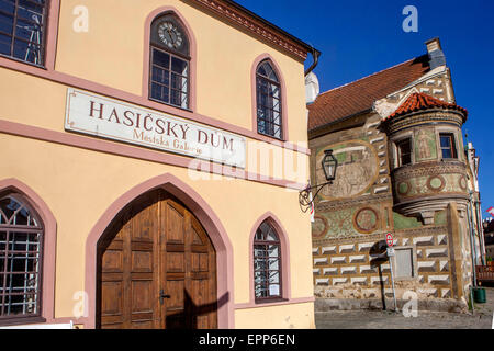 Telc, Tschechische Republik, UNESCO-Kulturerbe-Stadt, Hauptplatz, Fassade Stadthäuser Stockfoto