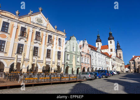 Telc Square Tschechische Republik, UNESCO Weltkulturerbe Stadt, Hauptplatz, Fassade Stadthäuser Stockfoto