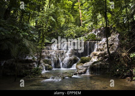 Wasserfall in den Ruinen von Palenque, Bundesstaat Chiapas, Mexiko. Stockfoto